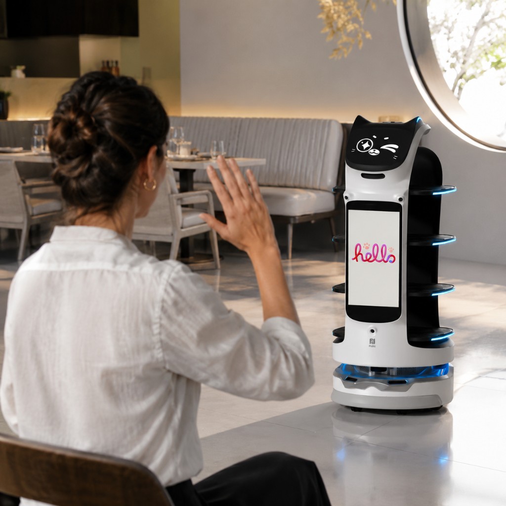 Cliente cumprimenta o BellaBot Pro com aceno e tela exibe hello