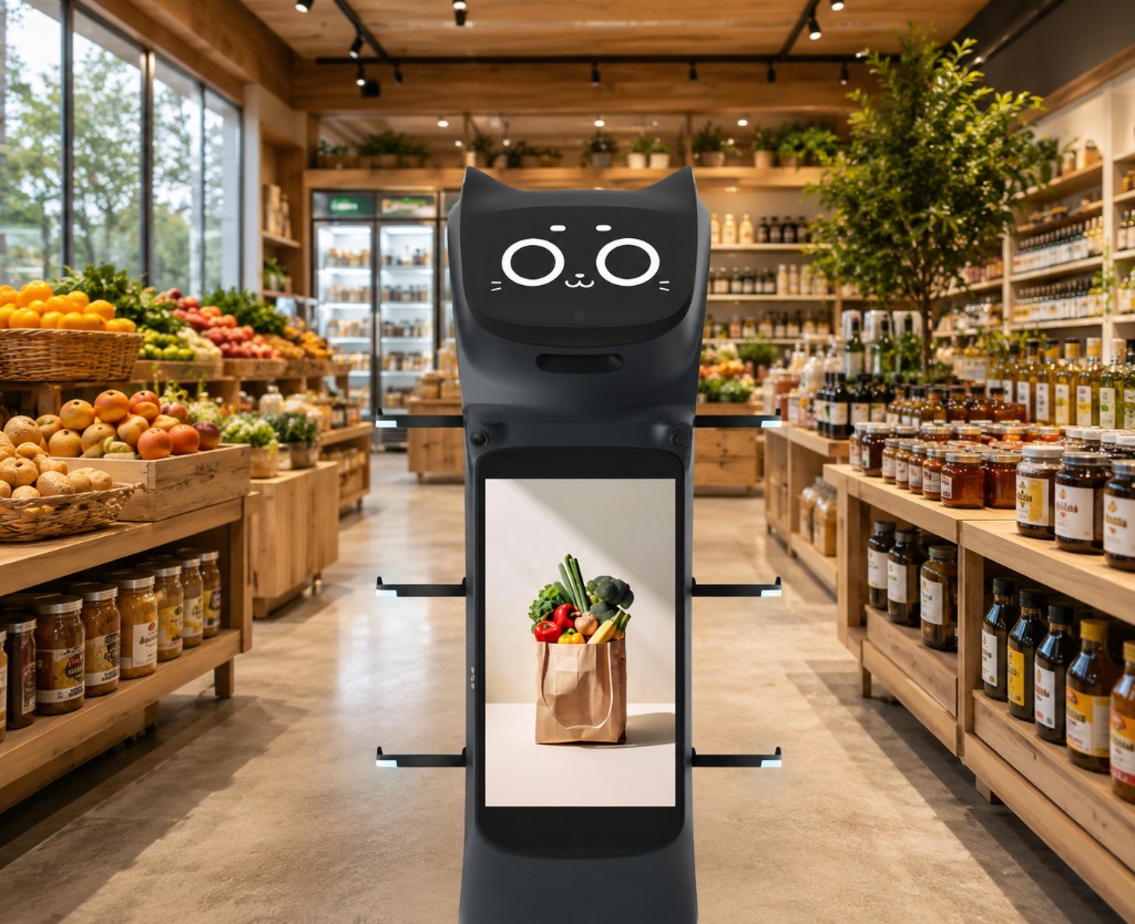 BellaBot Pro exibindo conteúdo promocional na tela de 18,5" em mercado