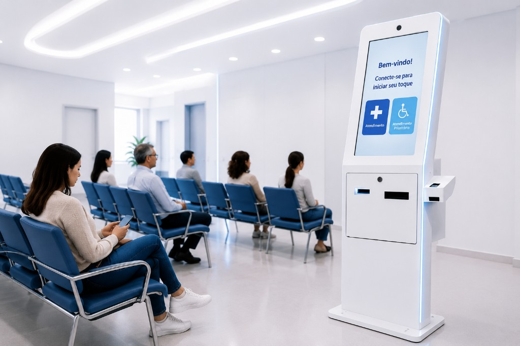 Totem DP10 em sala de espera de hospital com pacientes aguardando atendimento