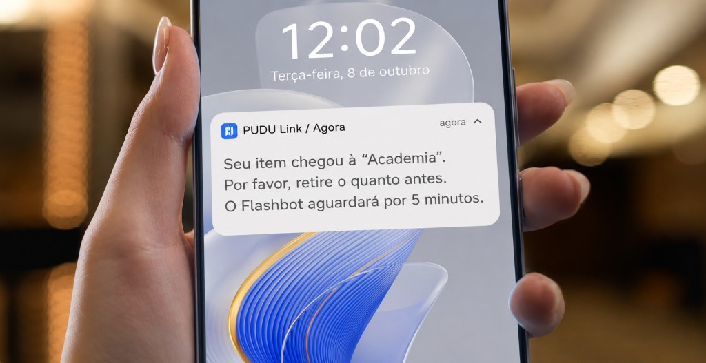 Notificação PUDU Link no celular informando chegada do FlashBot na academia