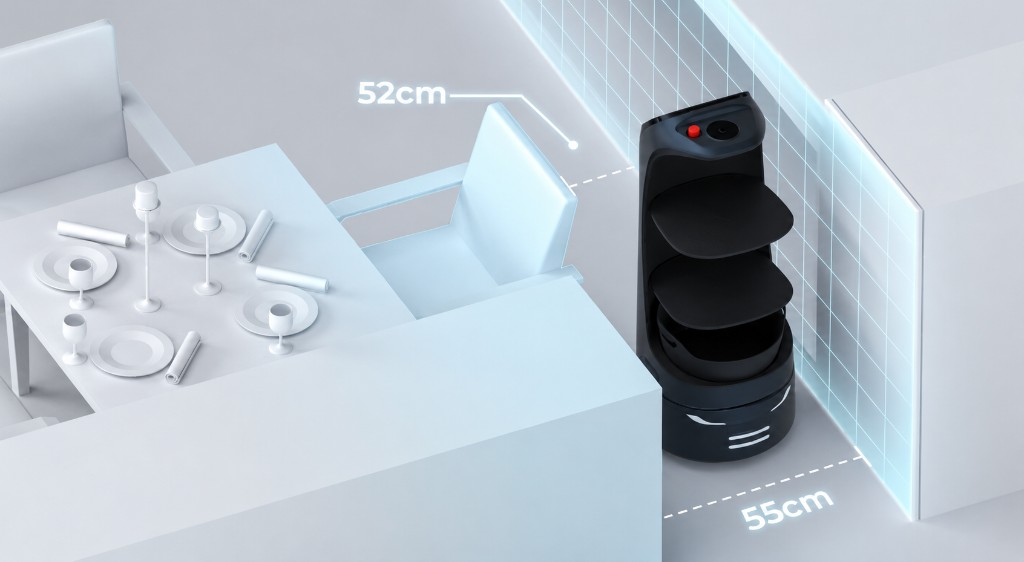 KettyBot Pro com design compacto em corredor estreito de 52 cm