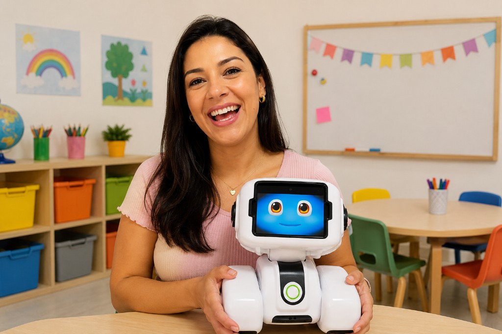 Professora interagindo com o Liro em sala de aula