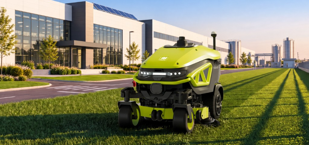 PUDU GT3 em gramado comercial ao entardecer diante de edifício moderno