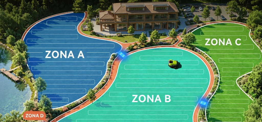 Mapa aéreo do PUDU GT5 com trânsito autônomo entre zonas A, B e C