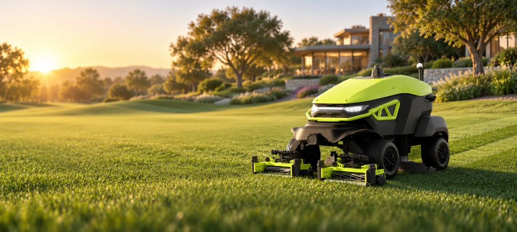 PUDU GT7 em operação no gramado ao entardecer com striping profissional