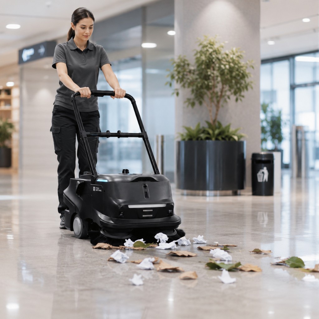 Operadora conduzindo o PUDU MT1 manualmente pelo guidão extensível