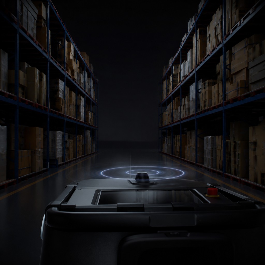 PUDU MT1 navegando autonomamente em corredor de armazém industrial