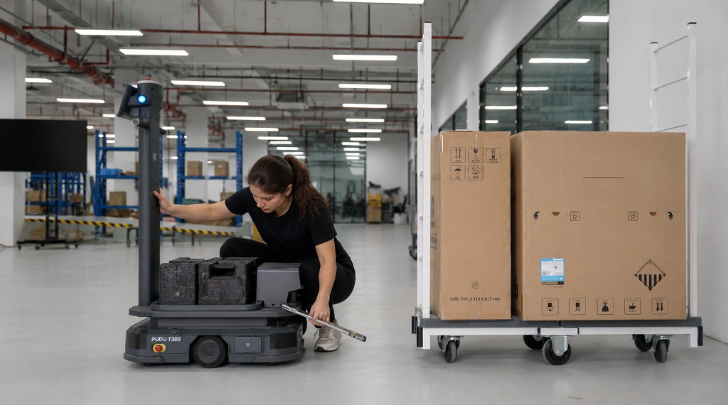 Operadora utilizando assistência elétrica do PUDU T300 para empurrão manual em armazém