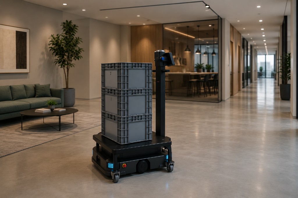 PUDU T300 transportando caixas plásticas em entrega autônoma por corredor comercial