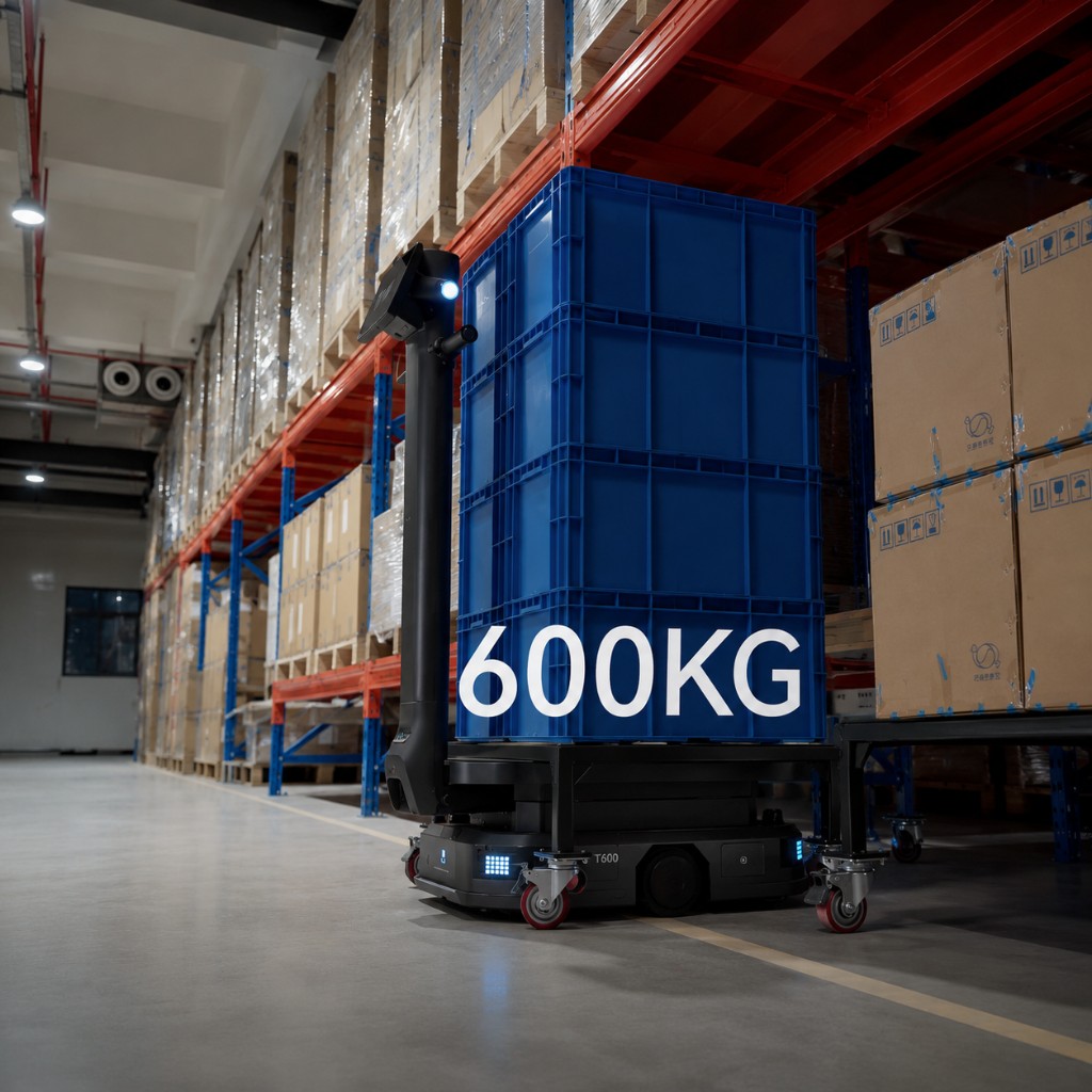 PUDU T600 transportando caixas azuis com capacidade de carga de 600 kg